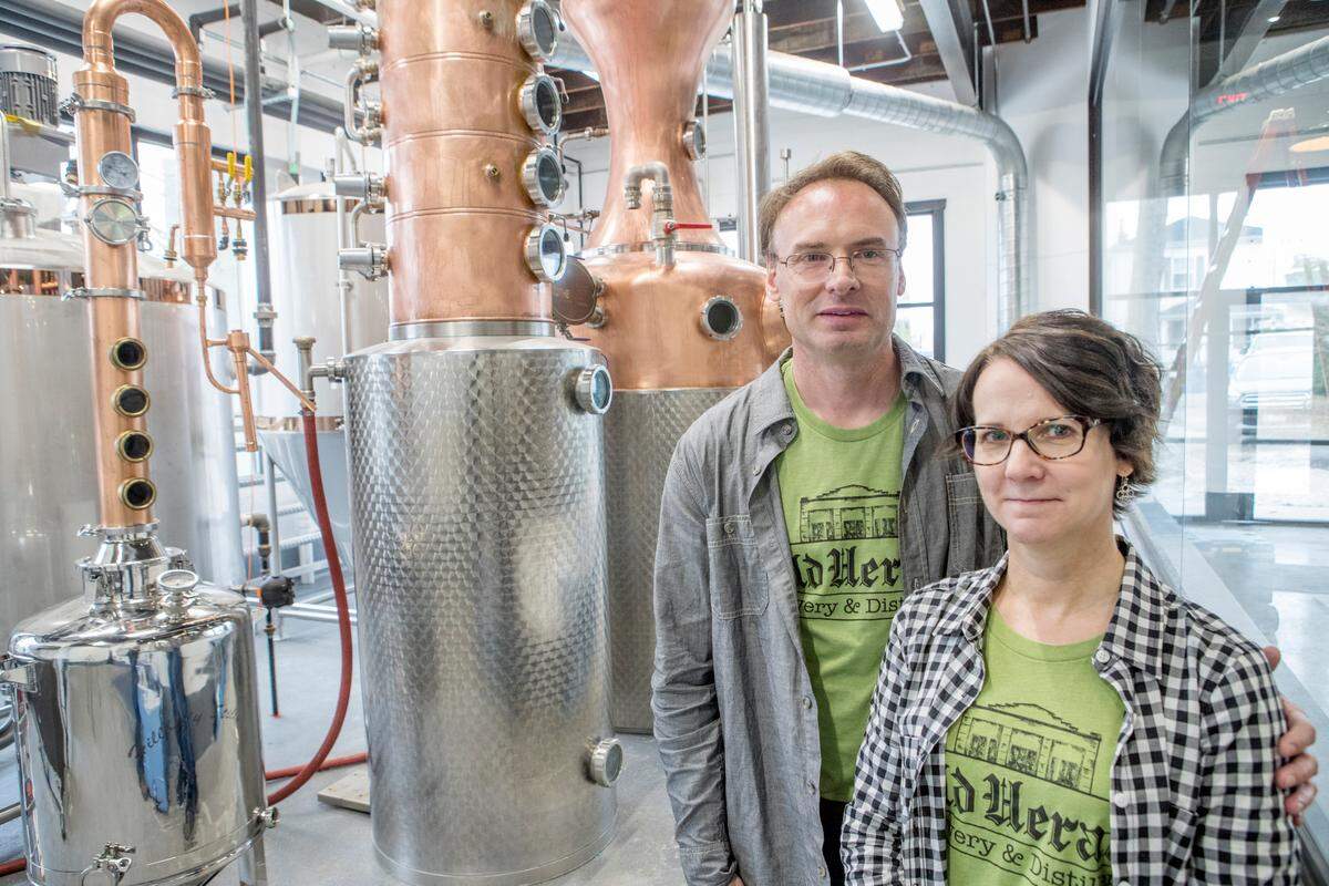 Derik Reiser and Whitney Reiser are close to opening Old Herald Brewing and Distillery located inside the former Collinsville Herald building on Clay street. The distillery and brewery will be one of only a few businesses nationwide that brew and distill in the same location.
