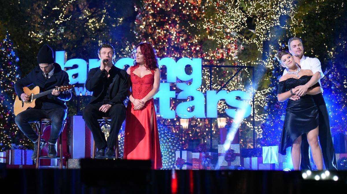 Nick Carter, from left, Sharna Burgess, Bindi Irwin and Derek Hough onstage during the finale of "Dancing With The Stars" at The Grove on Tuesday, Nov. 24, 2015, in Los Angeles.
