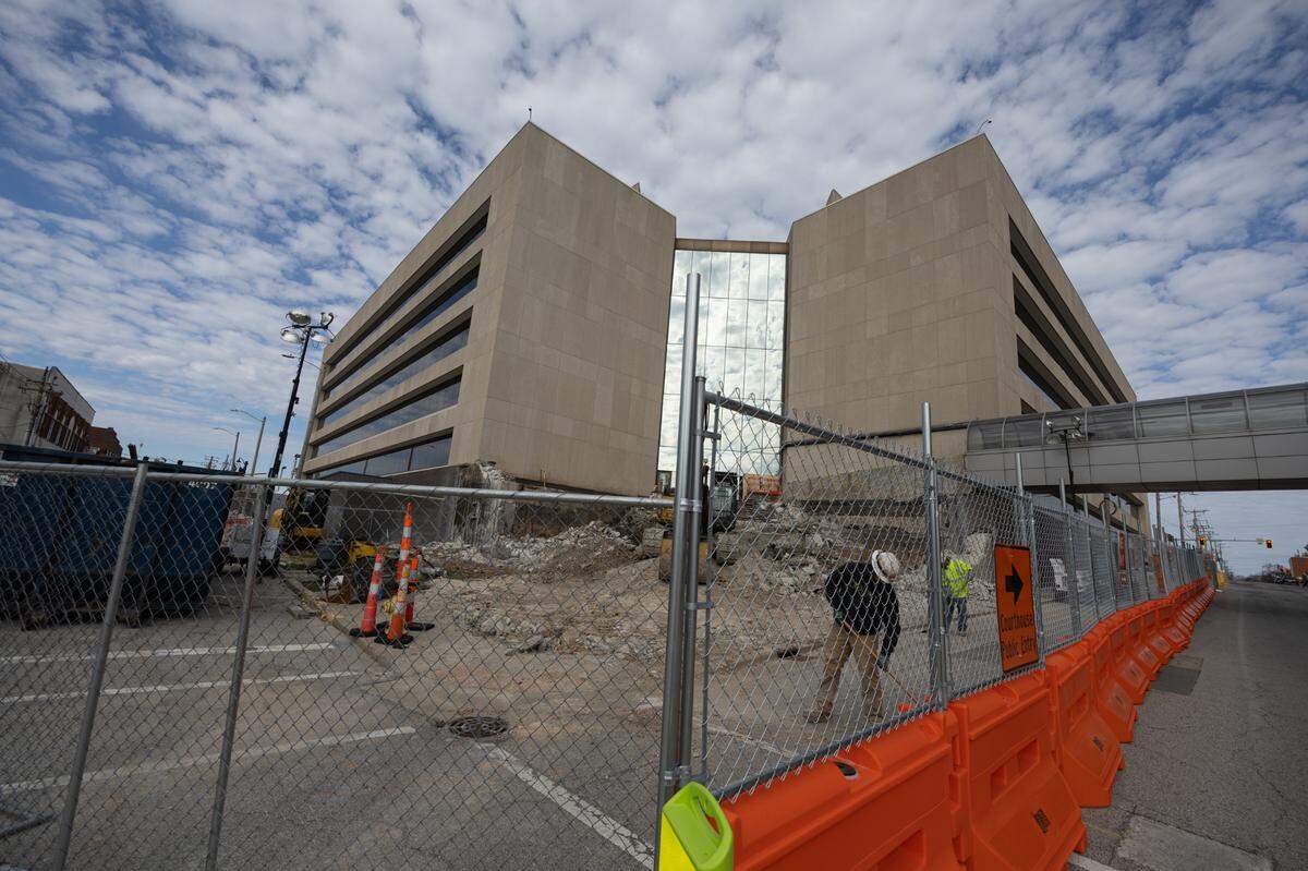 In this March 2024 file photo, construction crews work on the demolition of the exterior steps at the southwest entrance to the St. Clair County Courthouse in downtown Belleville.