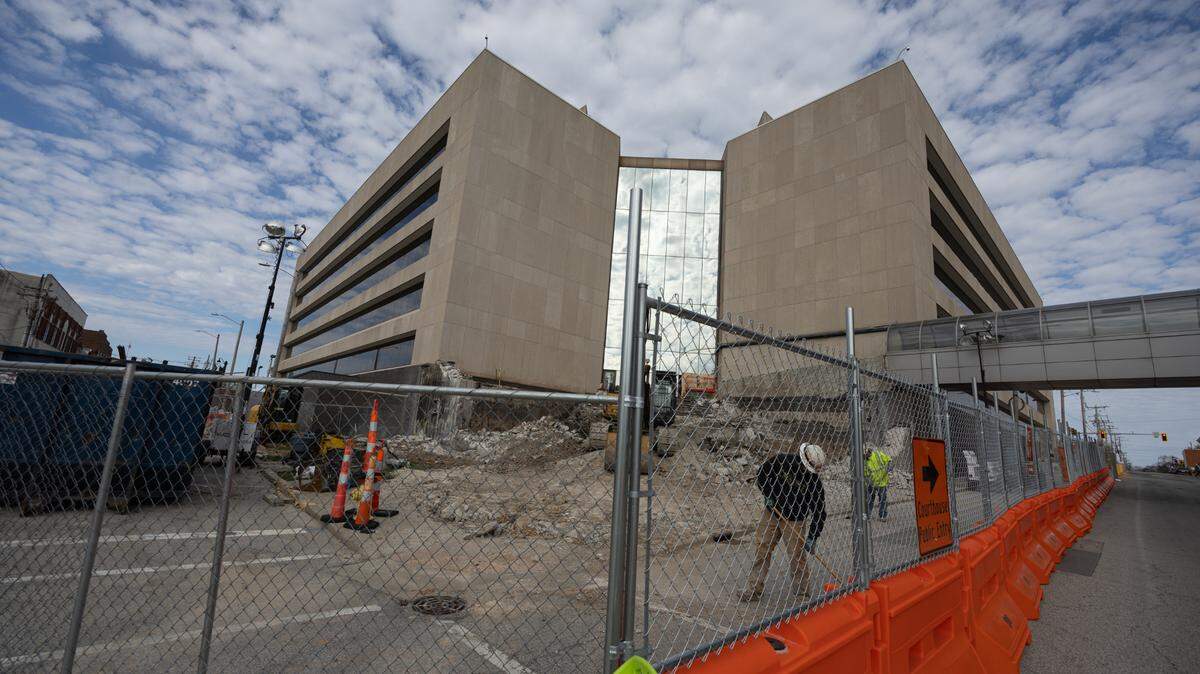 In this March 2024 file photo, construction crews work on the demolition of the exterior steps at the southwest entrance to the St. Clair County Courthouse in downtown Belleville.