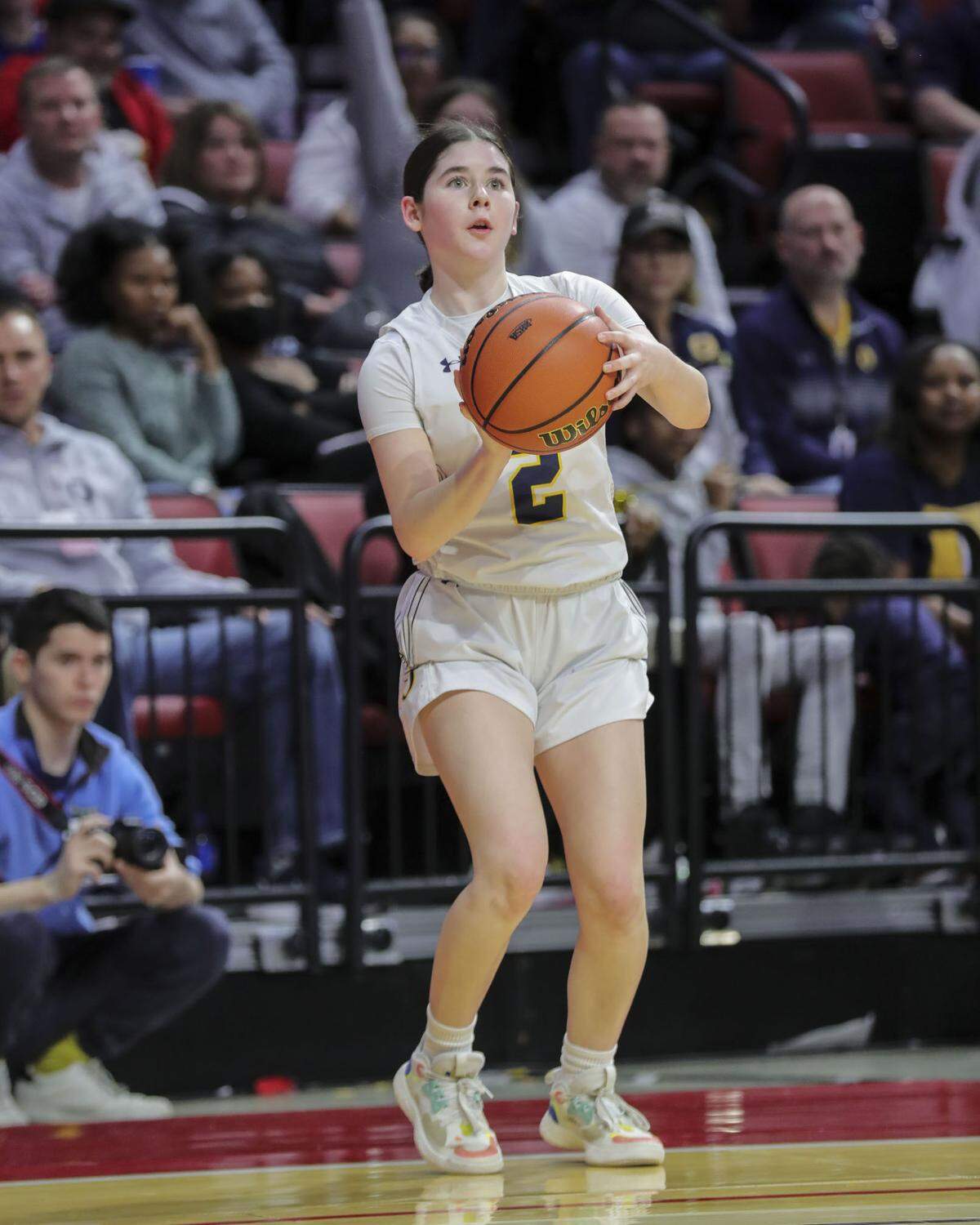 O’Fallon’s Josie Christopher takes a 3-pointer shot during Saturday’s IHSA Class 4A state championship game against Lisle Benet Academy at CEFCU Arena (formerly Redbird Arena) on the campus of Illinois State University. O’Fallon ultimately prevailed 62-57 to claim the state title.