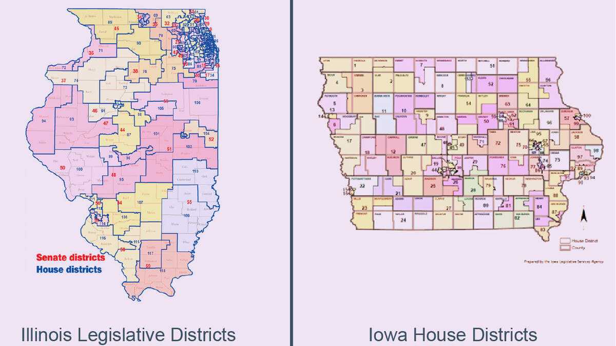 Which map looks fairer to you? The Illinois state legislative map drawn by politicians, or the Iowa legislative map drawn by an independent commission?