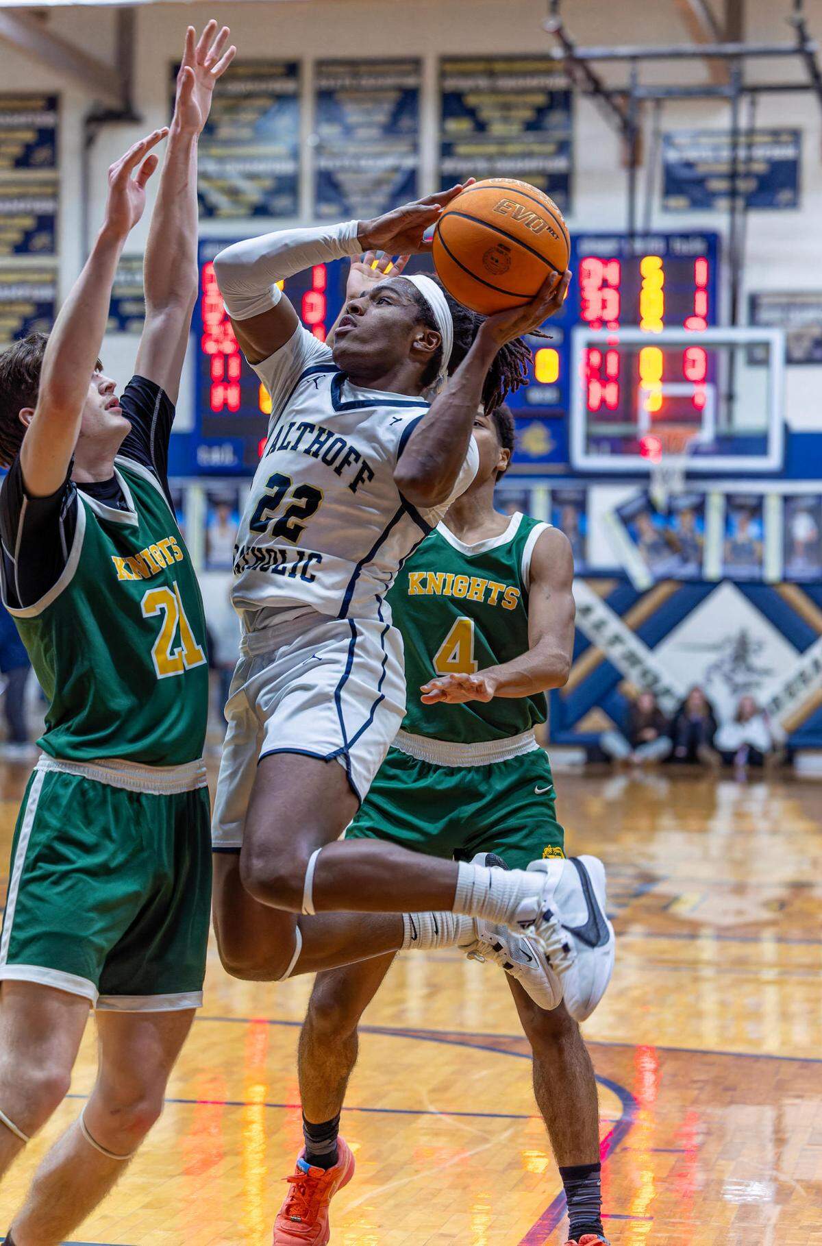 Althoff’s Dierre Hill Jr drives to the basket against Metro-East Lutheran Friday, Feb. 21.