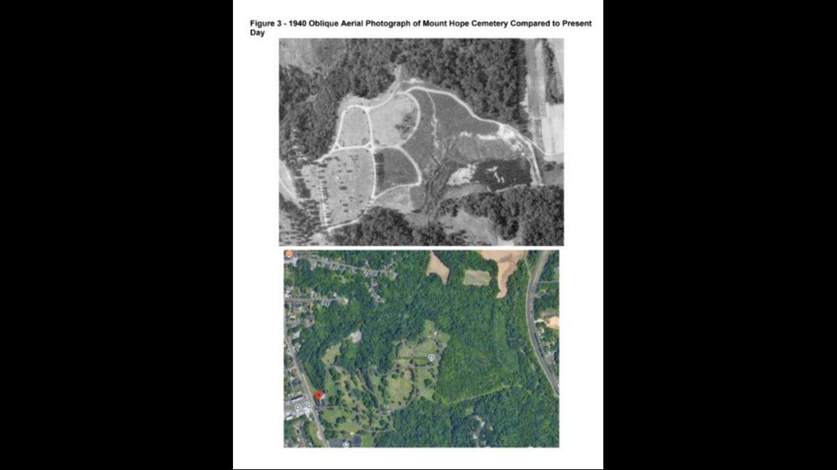 An opponent of a planned solar farm at the Mount Hope Cemetery in Belleville attached these aerial photos from 1940 and the present to a legal memorandum he sent to the city to show that the construction site originally was part of the cemetery proper.