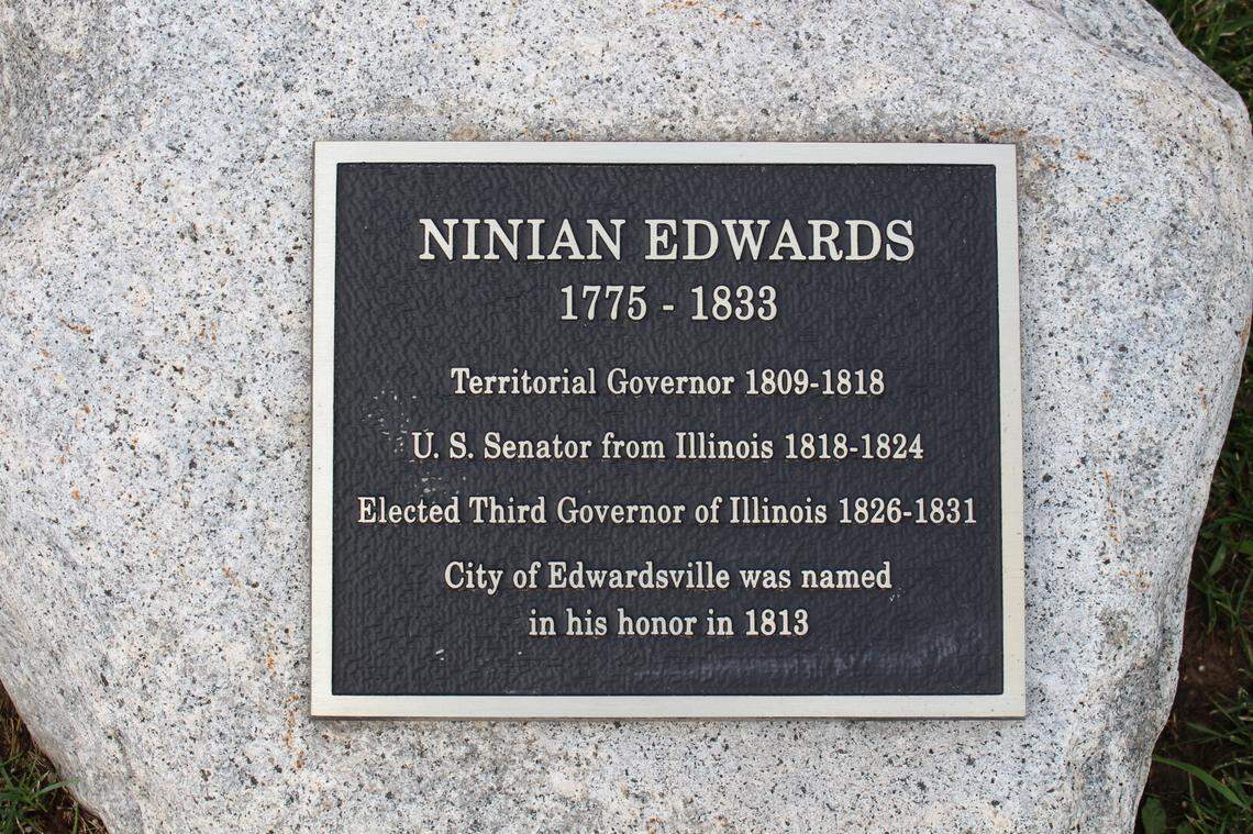 This plaque mounted on a stone in Edwardsville’s City Plaza will be replaced with one that provides more information on both the positive and negative aspects of Ninian Edwards’ life.