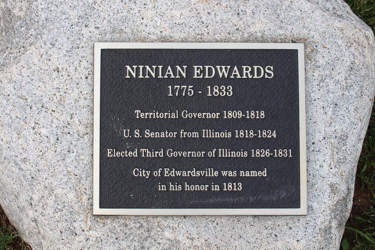 This plaque is mounted on a stone across from the Ninian Edwards statue in Edwardsville that some people want removed because Edwards, the city’s namesake, owned slaves in the early 1800s.