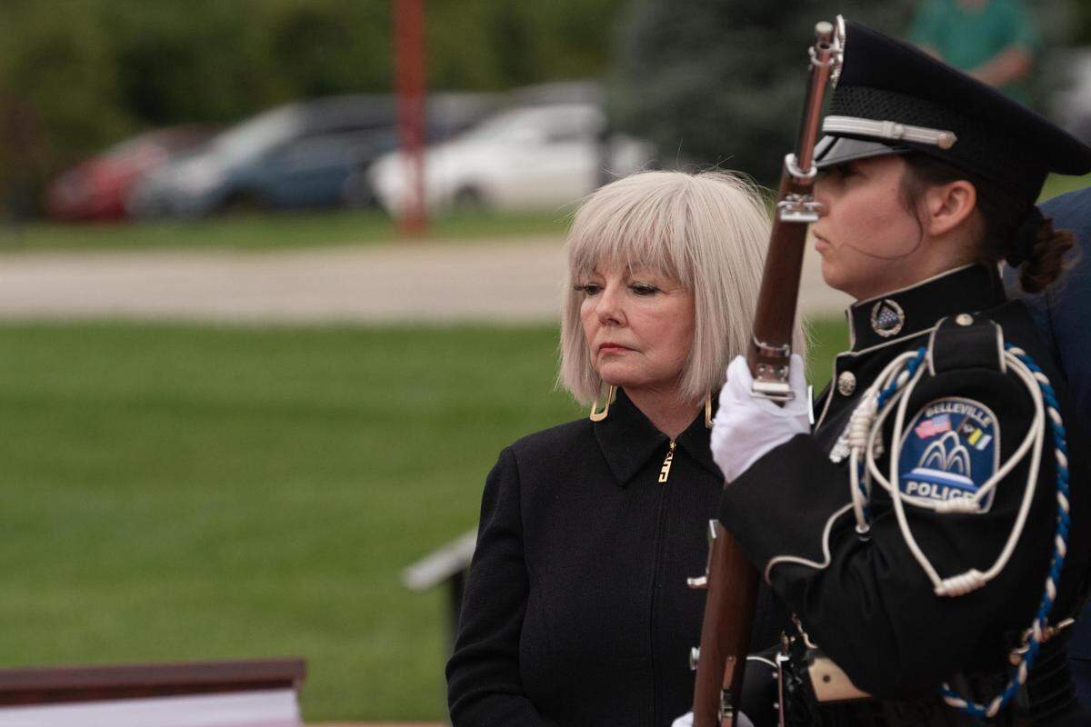Belleville, Ill. mayor Patty Gregory stands by as the color guard brings forth colors during a 9/11 memorial service on Sept. 11, 2023. “Today we want to preserve the very best of our collective American spirit,” Gregory said.