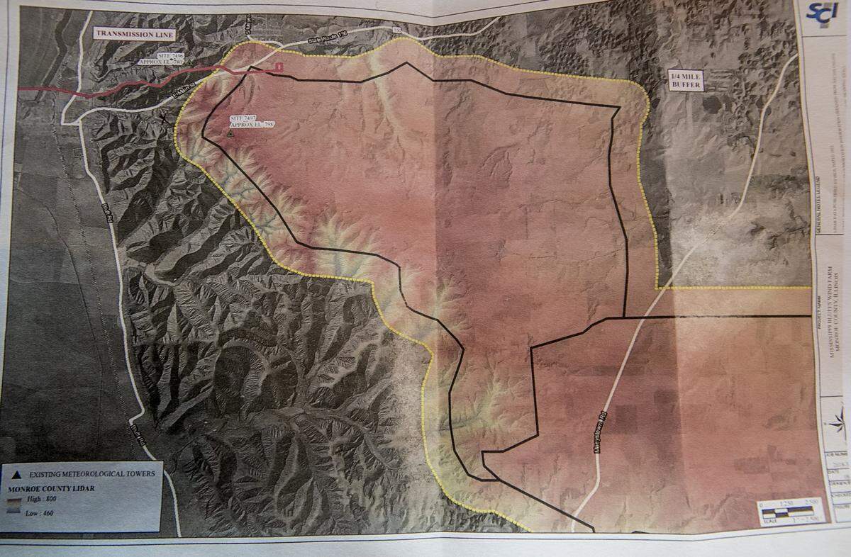 This map of a possible wind-farm “footprint” was distributed at a Monroe County Board of Commissioners meeting. It shows Valmeyer and Illinois 156, top; Mayestown Road, lower right; and Bluff Road, left.