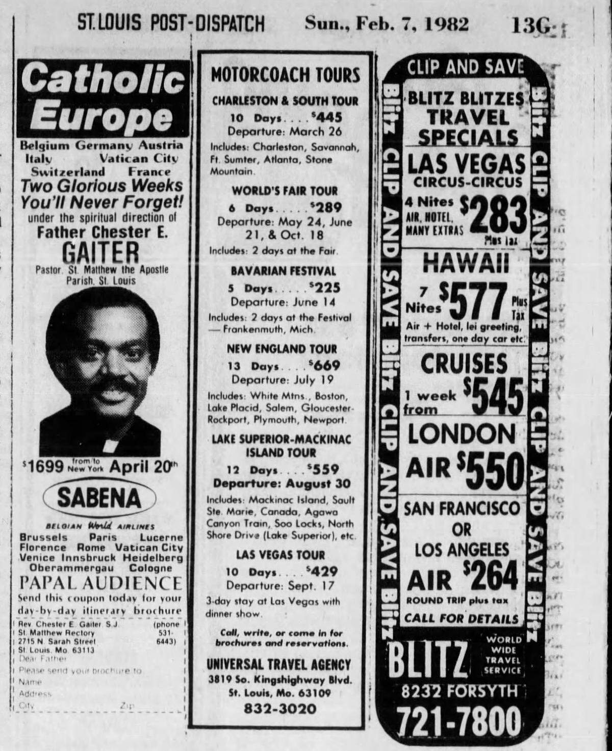 This screenshot of the Sunday, Feb. 7, 1982 issue of the St. Louis Post-Dispatch features an advertisement for a European vacation with Charles E. Gaiter, a priest who was later named on a list of Jesuit priests accused of sexually abusing children.