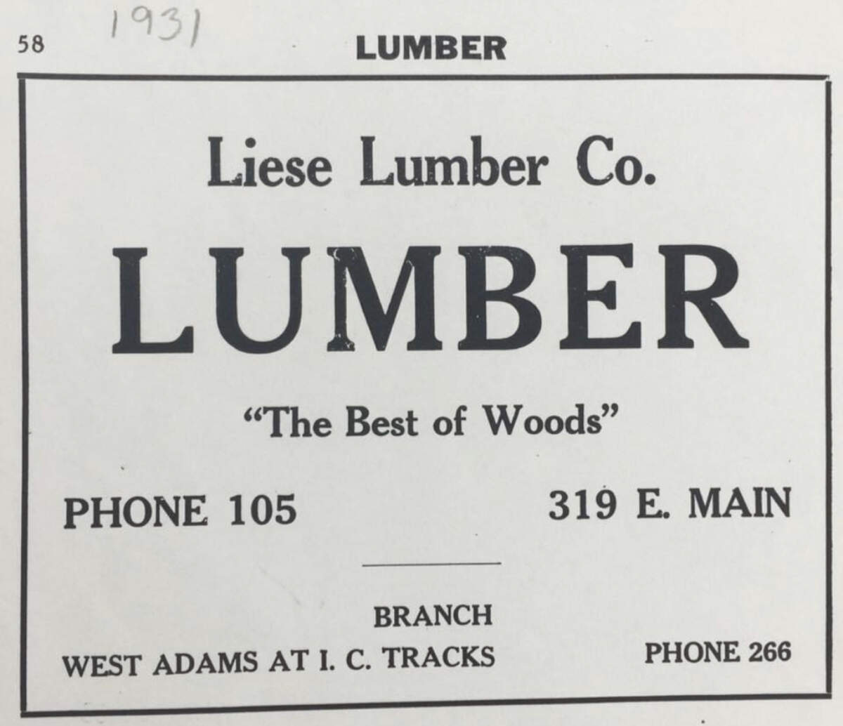 Phone numbers were only three digits in 1931, when this advertisement for Liese Lumber Co. in Belleville was published.