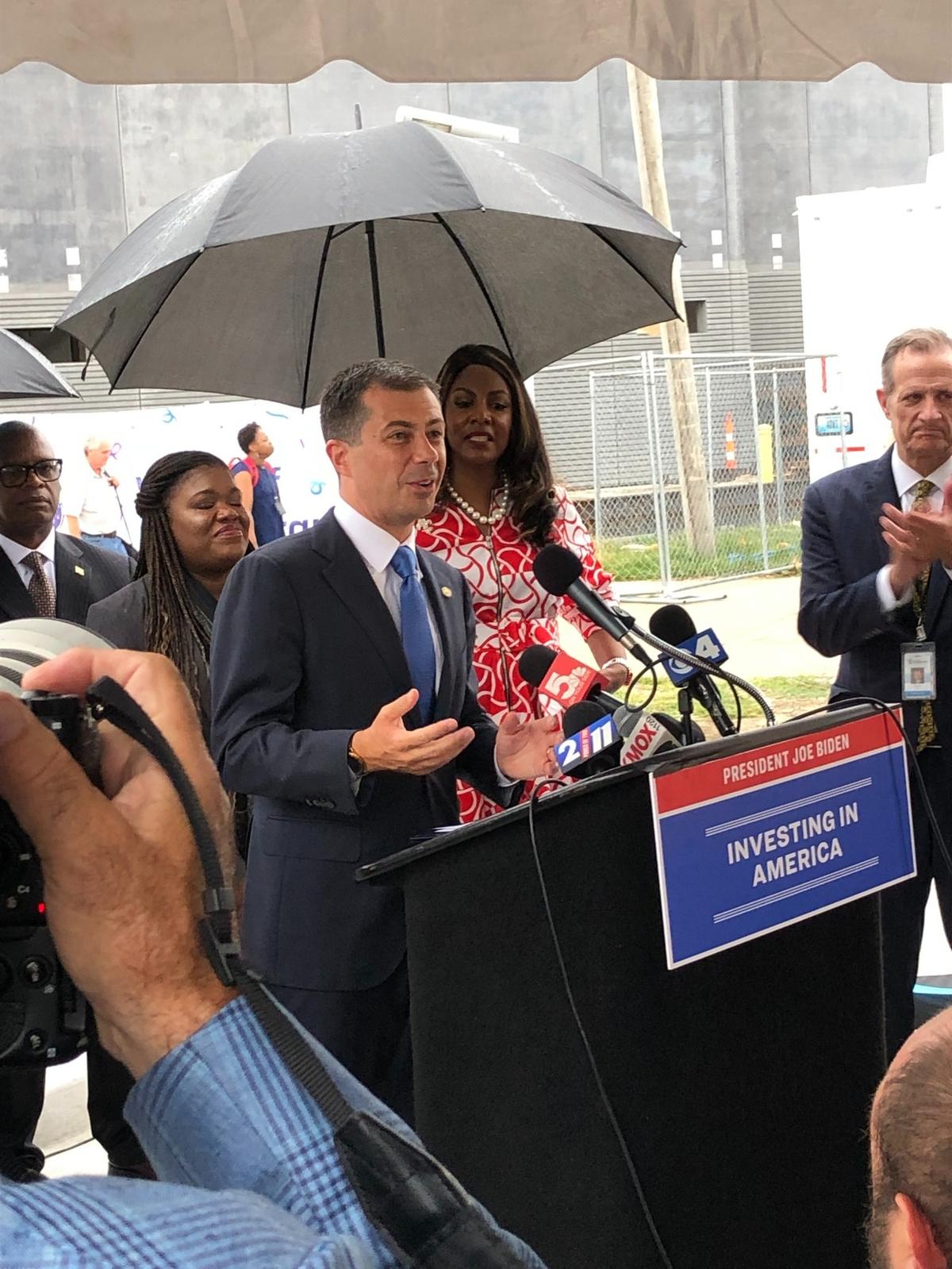United States Secretary of Transportation Peter Buttigieg headlined a list of dignitaries in the metro-east Monday to announce $28 million in disaster recovery funding for the MetroLink system in East St. Louis and St. Louis.