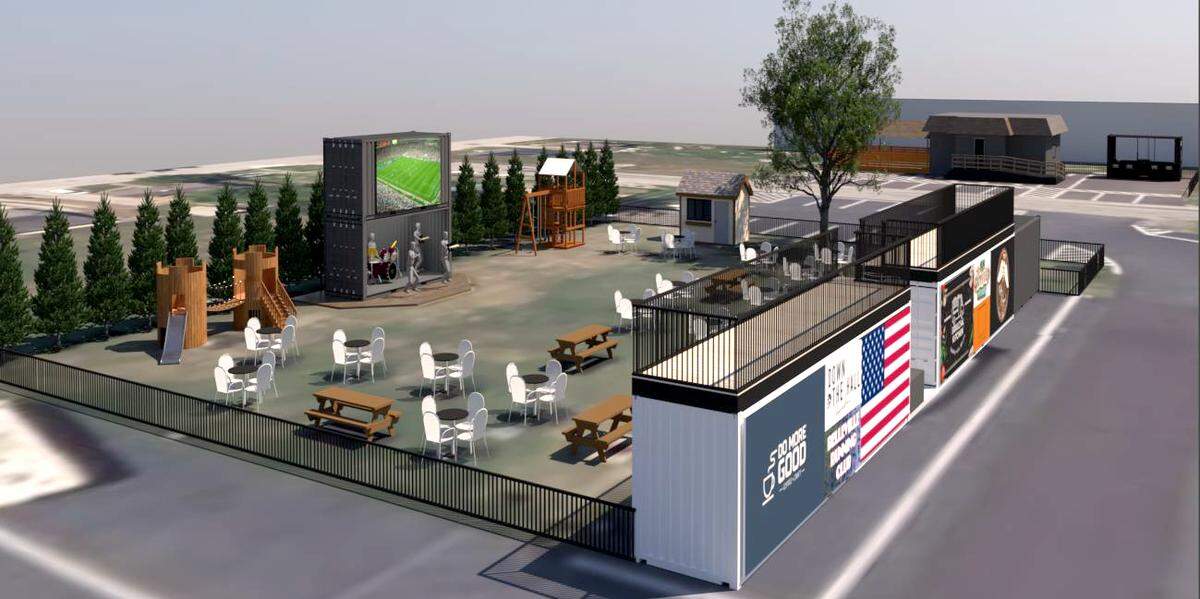 This rendering of the Soulcial Kitchen entertainment park illustrates future branding and advertising opportunites available on the new seating area made from modified shipping containers.