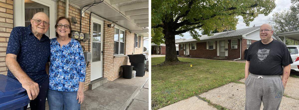 Ralph and Sharon Warnecke, left, have noticed only minor cracking due to mine subsidence in their duplex on Tudor Drive in Belleville, but flooding on neighborhood streets has affected them and neighbor Mike Stidham.