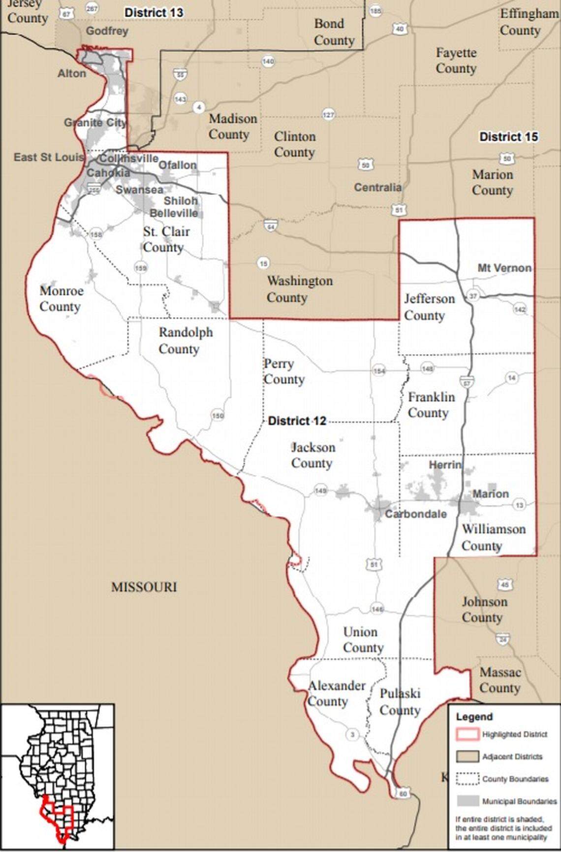 The layout of Illinois’ 12th Congressional District, which stretches from the metro-east to the Kentucky border.