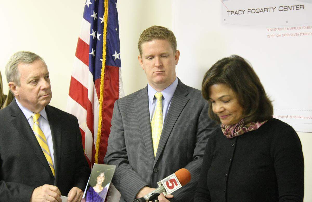 This file photo from 2011 shows, from left, U.S. Sen. Dick Durbin, former St. Clair County State’s Attorney Brendan Kelly and Jane Fogarty Nesbit during the dedication of the Tracy Fogarty Center, which includes the domestic violence unit of the St. Clair County State’s Attorney’s Office. It was named in honor of Tracy Hayden’s maiden name. She was fatally stabbed by her husband, Timothy Hayden, in a Belleville restaurant and pub in 1990. Tracy’s picture is on the podium in front of her sister.