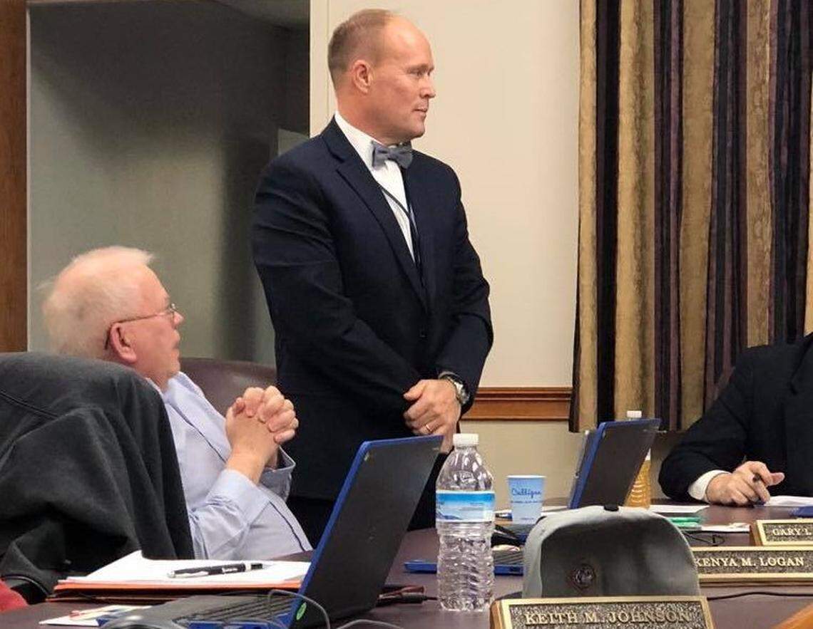 Ryan Boike is shown at a Belleville School District 118 board meeting in December of 2018, when he was appointed superintendent. He formerly served as assistant superintendent.