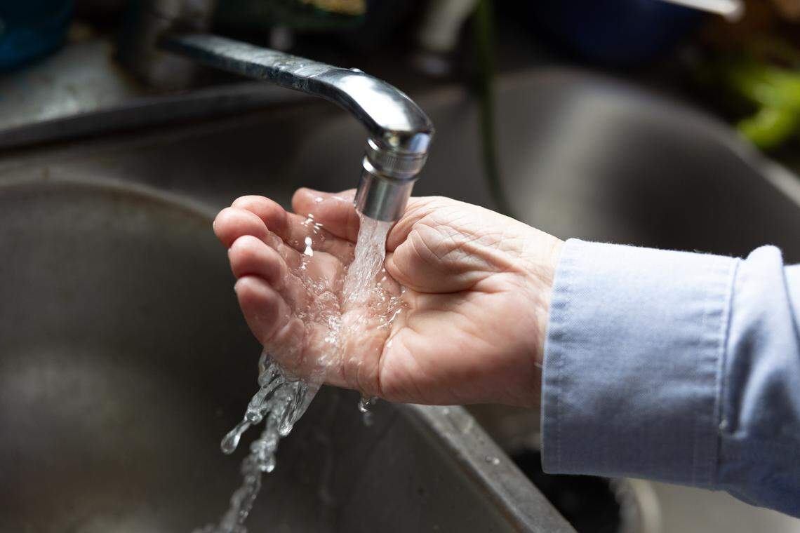 Cahokia Heights resident Arianna Norris-Landry runs her kitchen tap. Water samples collected from her home were included in new community-organized testing.