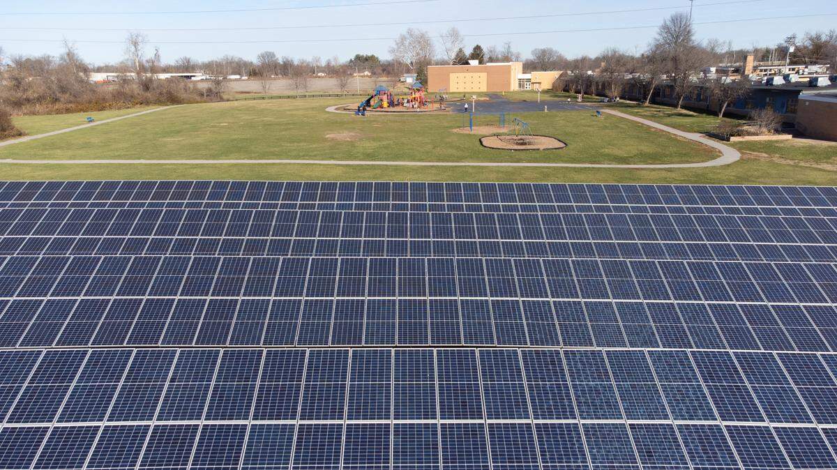 A small ground-mounted solar system is located south of Ellis Elementary School in Belleville, Illinois, on Dec. 11, 2023.