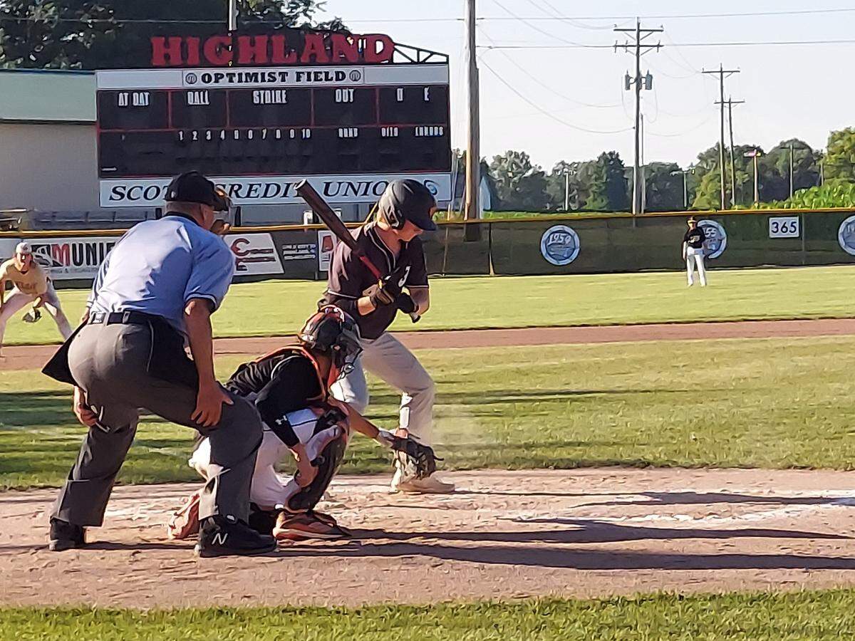 Highland’s Ryan Heath takes an outside pitch during Post 439’s game against South Central Elite during a gamehas summer. Highland ultimately finished the season at 6-14 but appears to have a bright future with several players set to return in 2023. The legion program is currently seeking 2023 youth program participants.