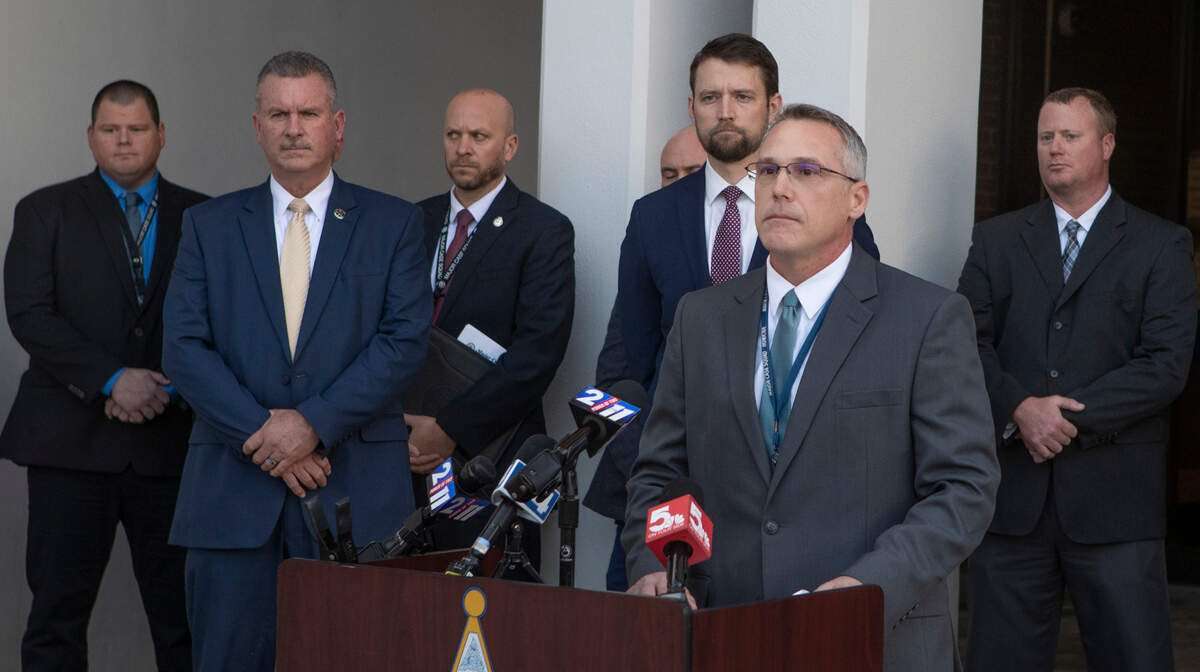 Brian Koberna, captain with the Madison County Sheriff’s Office, speaks at a news conference on Tuesday in Edwardsville. He’s serving as deputy commander of the Major Case Squad of Greater St. Louis in the case of a State Park Place murder.