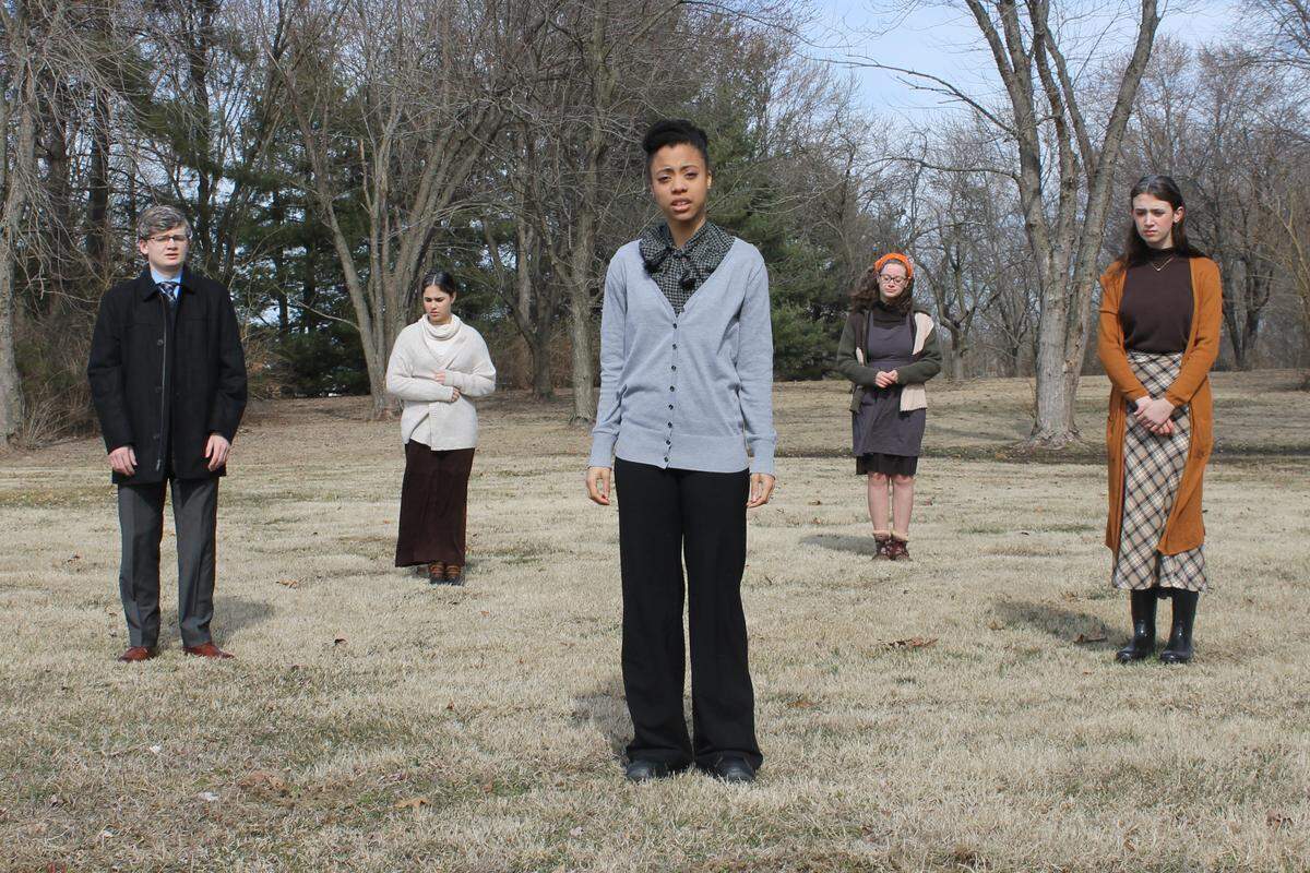 In the Belleville West Little Theatre performance of “The Women of Lockerbie,” Madeline tells her story. Pictured left to right: Jerry Aplin, Abby Barger, Elise Moore, Anna Buescher, Audrey O’Renic
