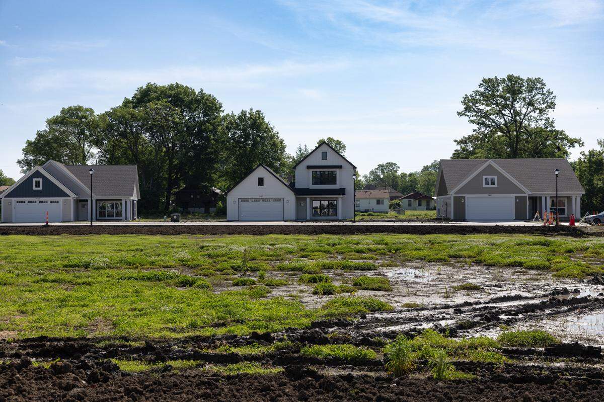 Across the central greenway in the new Lansdowne Park subdivision in East St. Louis, Ill. on May 4, 2024. Development representatives reiterated multiple times during a news conference and open house that emphasizing natural green space is one of the core attractions of the neighborhood.
