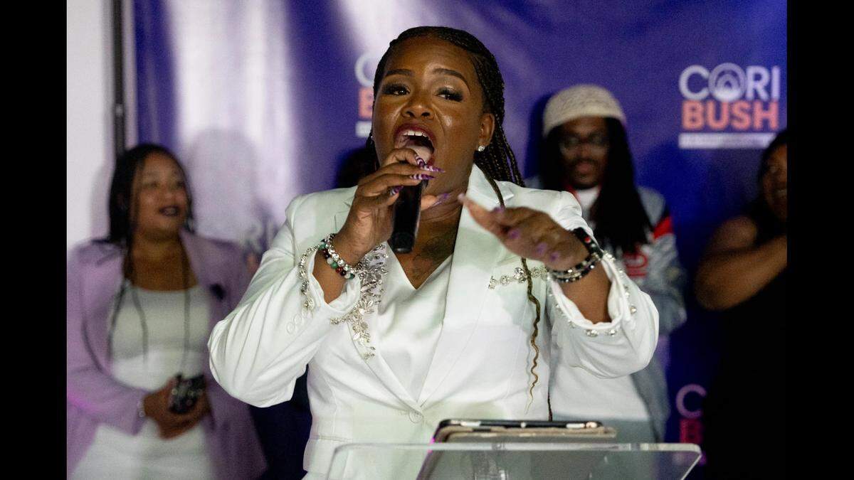 U.S. Rep. Cori Bush, D-St. Louis County, delivers her concession speech on Tuesday night during a campaign watch party at the Chèvre Events Center in St. Louis. Bush was unseated by St. Louis County Prosecutor Wesley Bell in Missouri’s first Congressional district.