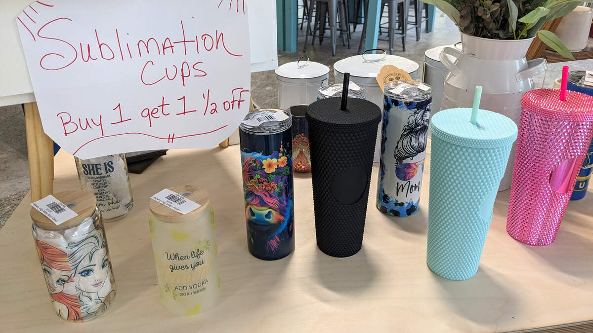 Sublimation cups and other beverage tumblers at Sawdust & Glitter in downtown Belleville