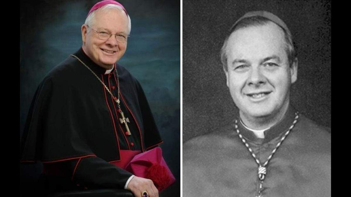 The Most Rev. James P. Keleher is shown as archbishop of the Catholic Archdiocese of Kansas City in Kansas, left, and bishop of the Catholic Diocese of Belleville. He died Saturday at age 93.