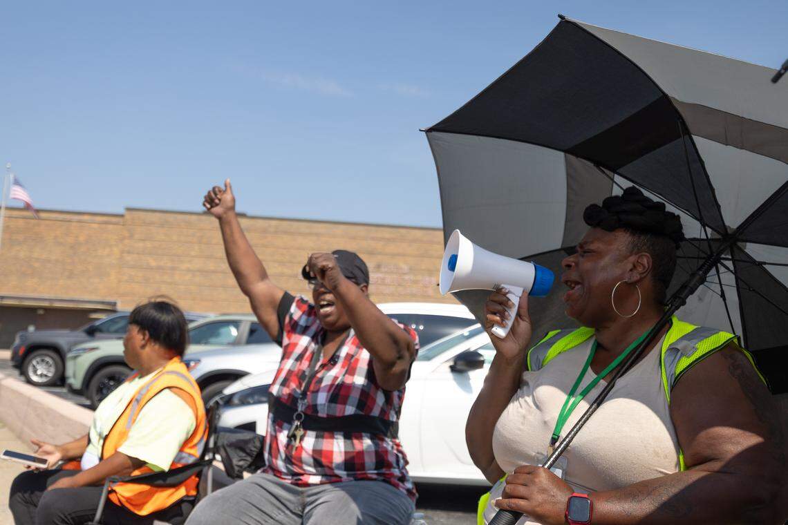 Marsha Jones, a former bus driver, speaks last month during a protest to air grievances against Illinois Central School Bus’ facility in Caseyville.