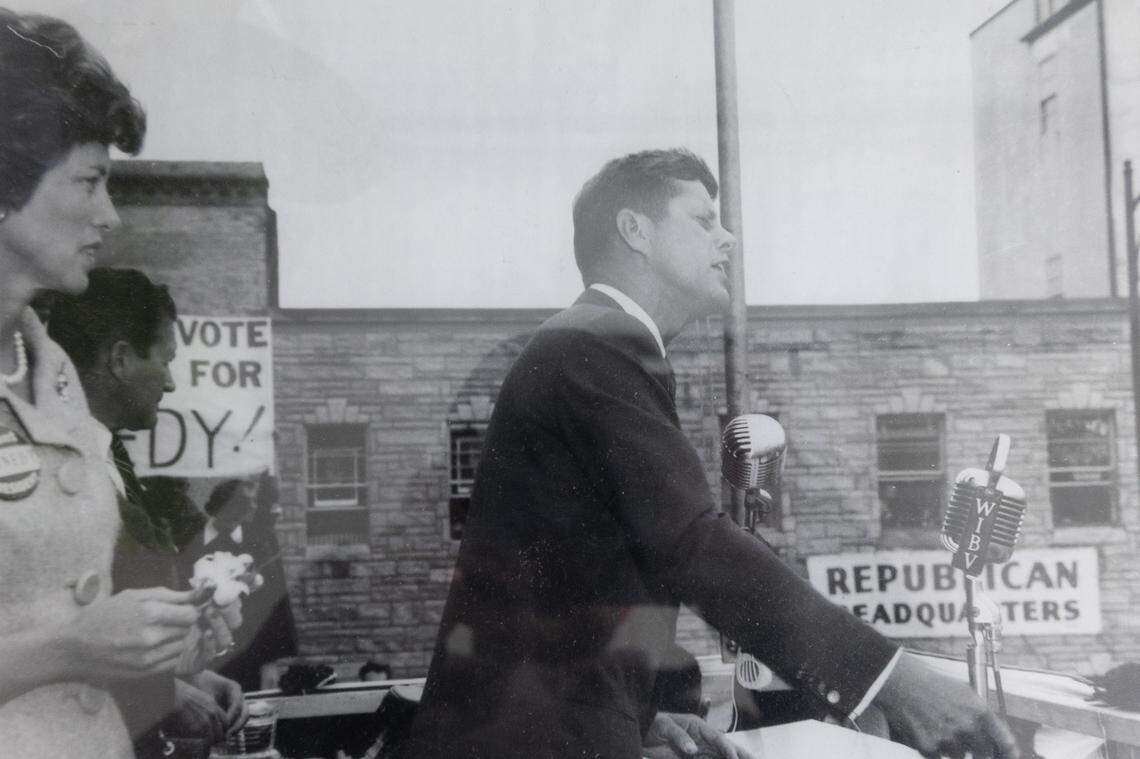 Then-Sen. John F. Kennedy spoke in front of the former St. Clair County Courthouse on Oct. 3, 1960, during a presidential campaign stop in Belleville. Kennedy, a Democrat, took note of the Republican Party office to his left and drew applause from the crowd when he said, “I feel somewhat embarrassed saying anything unkind about the Republicans right in front of their headquarters. I don’t want them to call the vice president and say we are mean in any way. But we are just trying to tell the truth.” He was referring to his opponent, then-Vice President Richard Nixon. Kennedy’s visit attracted thousands of people and was one of the significant events to occur at the courthouse before it was torn down in 1972.