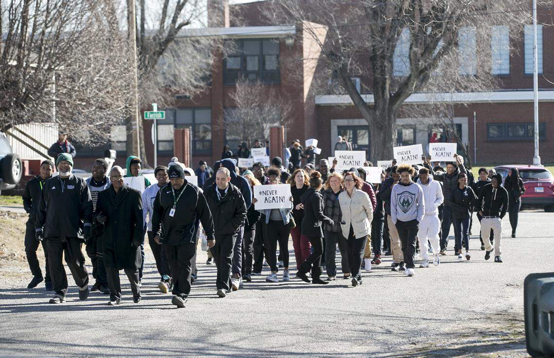 Students and faculty at Madison Senior High School held an organized walkout march through the neighborhood near their school on March 14, 2018.