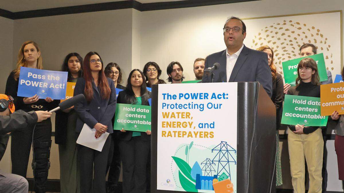 Sen. Ram Villivalam, D-Chicago, joins advocates on Feb. 11, 2026, in Chicago to introduce a bill regulating data centers in Illinois.