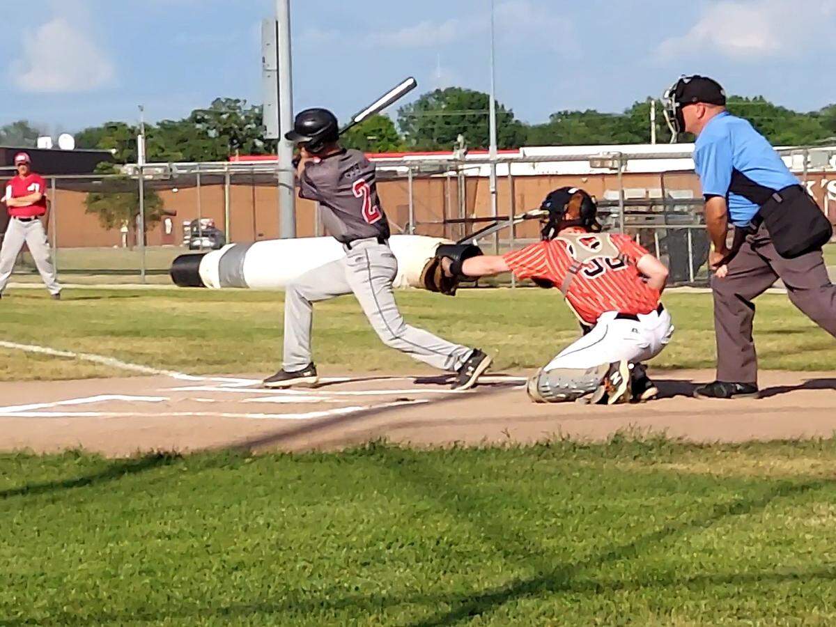 Highland’s Tyson Kunz rips a shot to right field during Post 439’s Senior Legion game against Trenton Post 778 on Wednesday, June 21, at Glik Park in Highland. Post 439 ultimately posted a 10-6 victory.