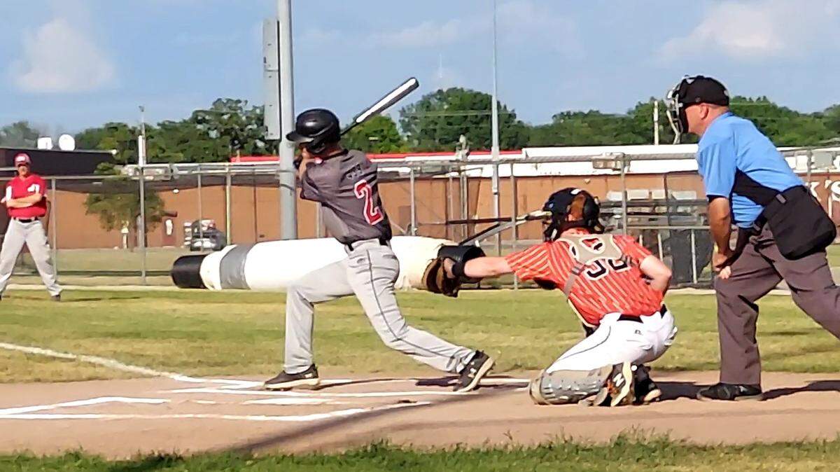 Highland’s Tyson Kunz rips a shot to right field during Post 439’s Senior Legion game against Trenton Post 778 on Wednesday, June 21, at Glik Park in Highland. Post 439 ultimately posted a 10-6 victory.