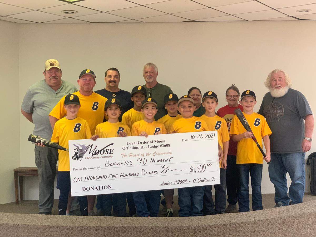 The 9U Bombers Newgent baseball team received a $1,500 check from the O’Fallon Moose Lodge 2608, which donates proceeds from their monthly barbecues to local non-profit groups. Their coach, Chuck Newgent, said the team appreciates the generous donation. They won an impressive 43 games this season and are currently preparing for the 2022 spring season and look forward to growing as a team. He said the boys are dedicated to hard work and integrity on and off the field.