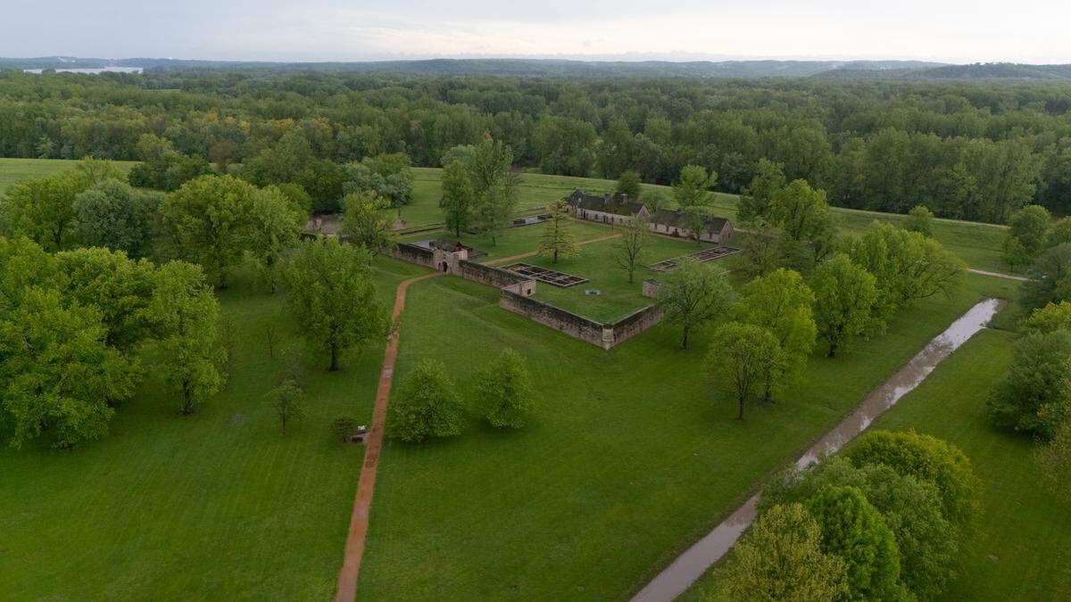 Drone image showing Fort de Chartres State Historic Site. Though it isn’t pictured due to the dense foliage surrounding the property, the Mississippi runs less than a mile behind the fort.