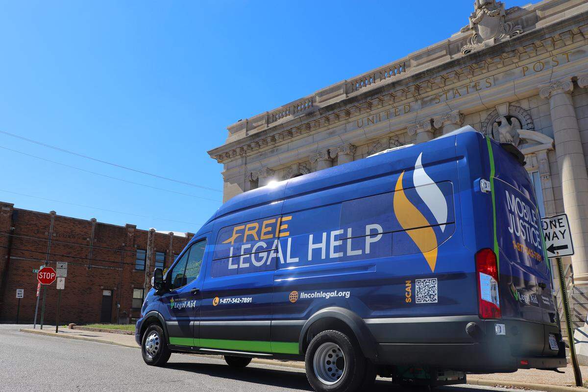 The Land of Lincoln Legal Aid’s new “mobile justice van” sits in downtown Belleville. The legal nonprofit will make its first trip with the van, starting with the Randolph and Perry county courthouses, on Tuesday.