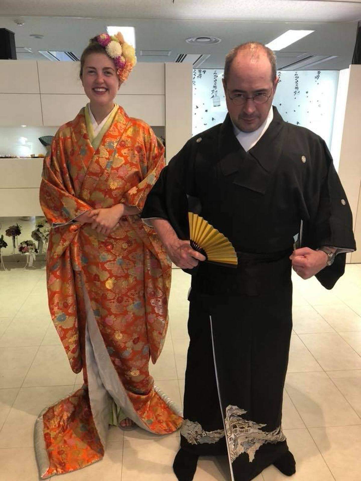 Emily tries on wedding kimono.