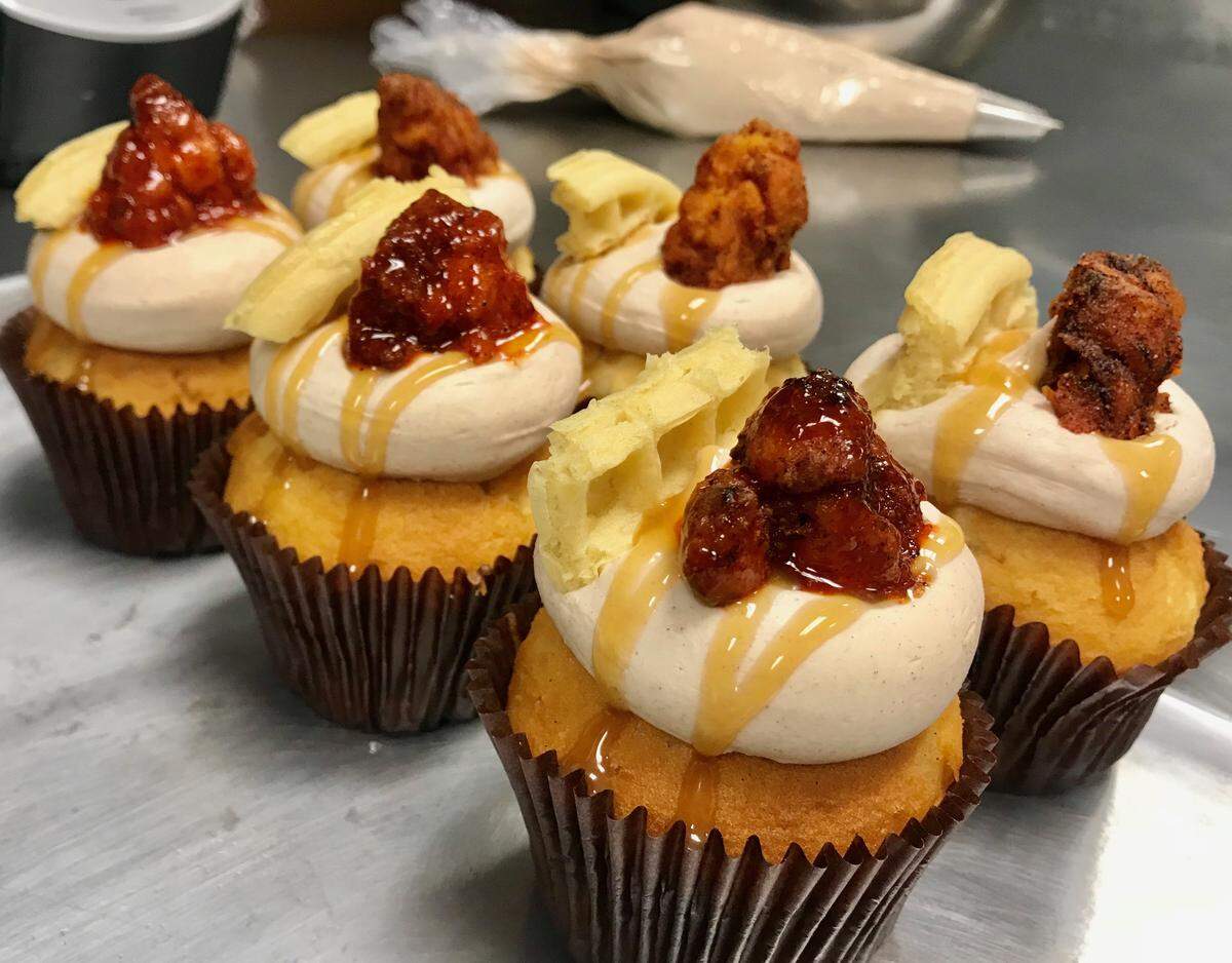 A look at the chicken and waffles cupcake available at Smallcakes in Fairview Heights.