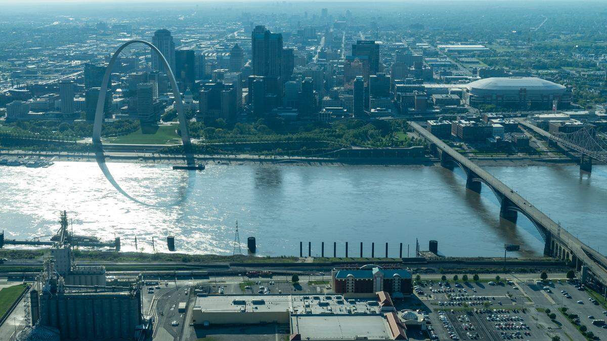 The Gateway Arch and Downtown St. Louis is seen during a Lighthawk flight on Wednesday, April 24, 2024, in East St. Louis.