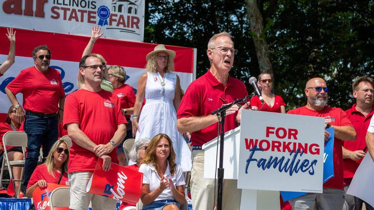 State Republican Party Chair Don Tracy speaks to the crowd during Illinois State Fair Republican Day festivities in Springfield.