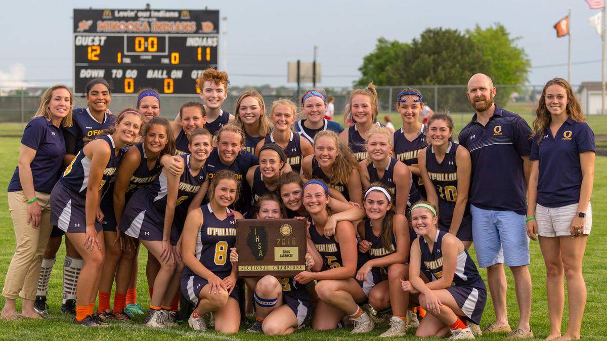 The OTHS girls lacrosse team poses with their sectional championship plaque.