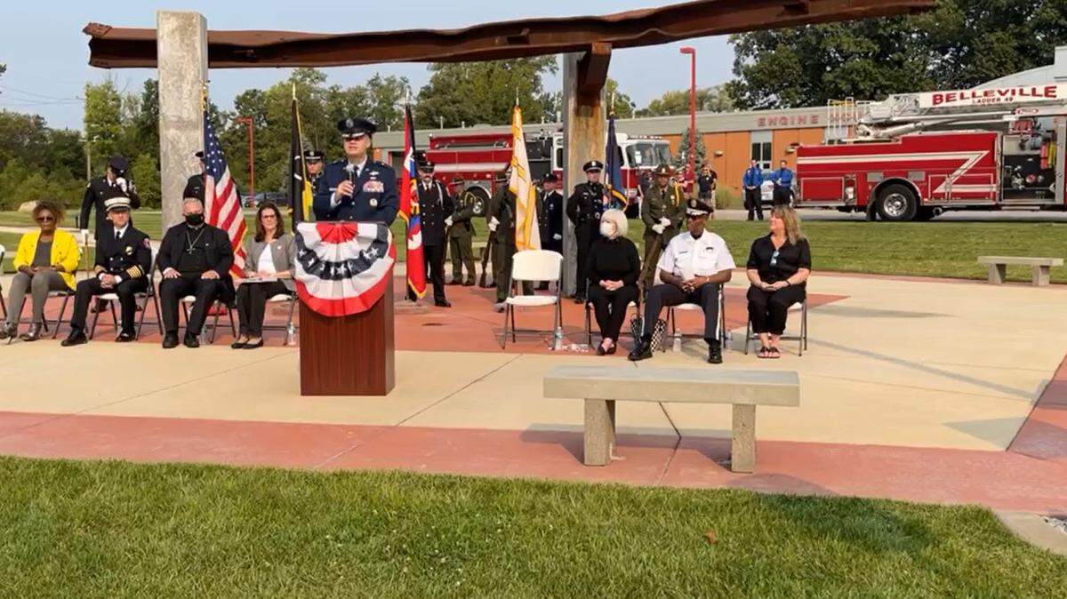 Air Force Brig. Gen. Daniel A. DeVoe speaks during the Sept. 11 memorial ceremony on Saturday at the September 11 Memorial Walkway of Southern Illinois in Belleville.