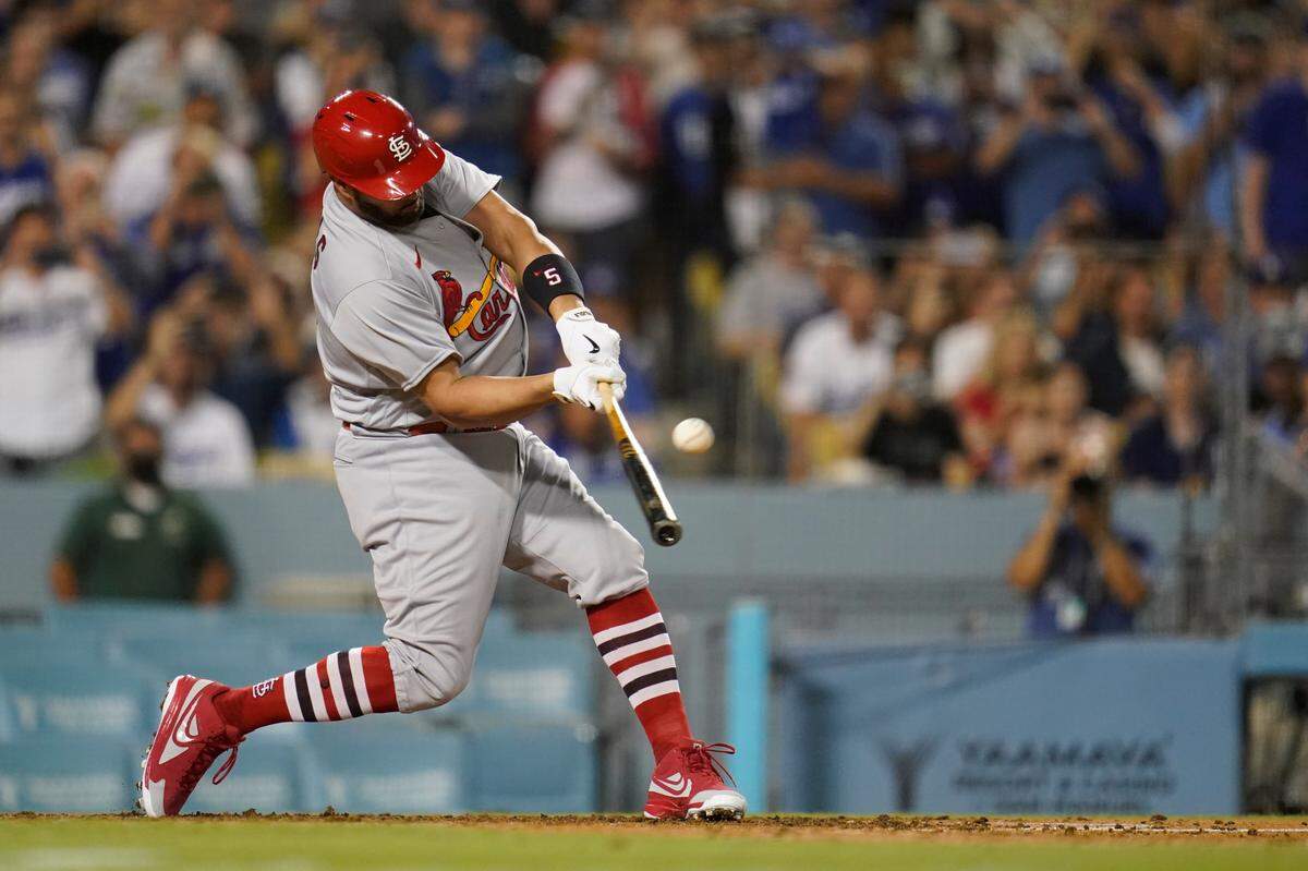St. Louis Cardinals designated hitter Albert Pujols hits a home run during the fourth inning of a baseball game against the Los Angeles Dodgers in Los Angeles, Friday, Sept. 23, 2022. Brendan Donovan and Tommy Edman also scored. It was Pujols’ 700th career home run. The Cardinals won the game 11-0.