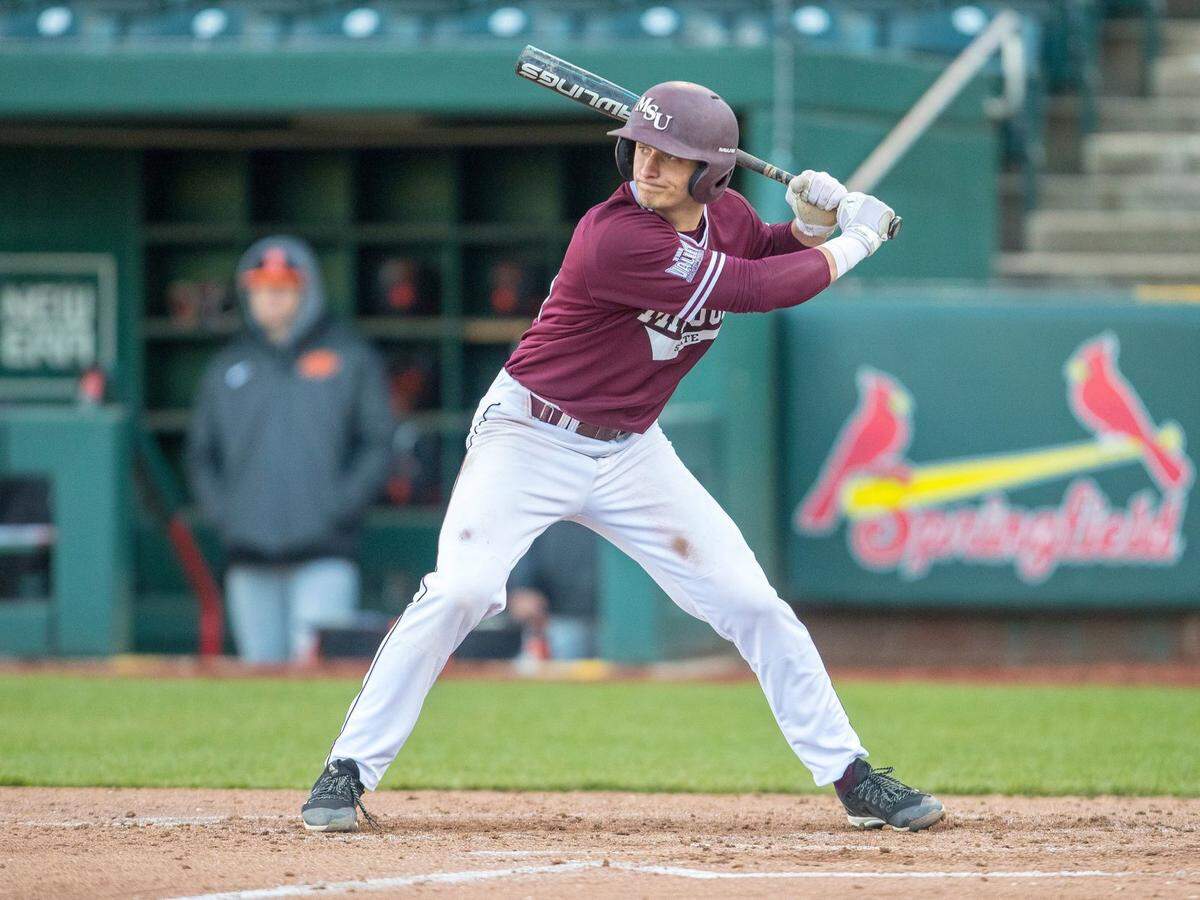 Belleville East graduate Drew Millas is locked in at the plate during his playing days with the Missouri State Bears. Millas was recently promoted to the Rochester Red Wings, the Nationals’ AAA affiliate. Millas’ hitting coach is Belleville West graduate and former Boston Red Sox star Brian Daubach, who played in the major leagues eight seasons.
