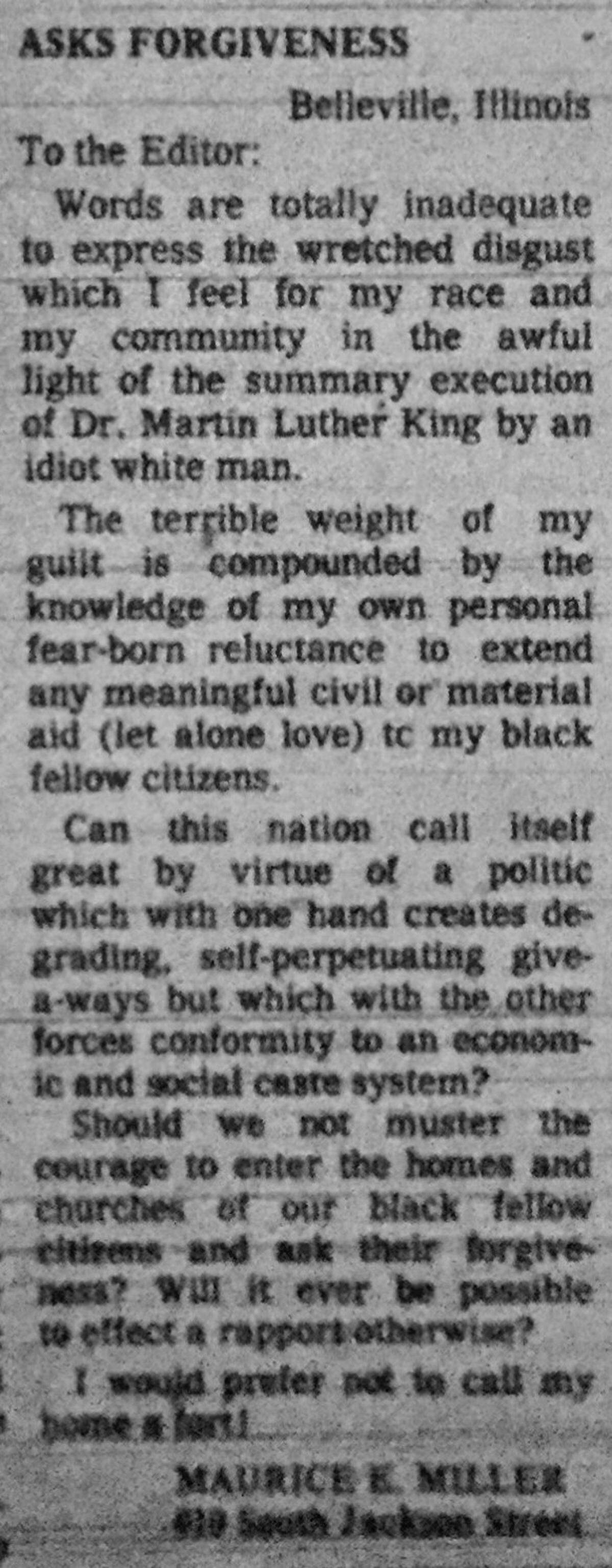 Maurice E. Miller's 1968 letter to the editor.