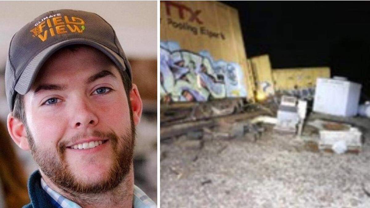 An Illinois State Police photo, right, shows the Union Pacific train that derailed after hitting and killing Jonah Matthews on June 14, 2019, in Monroe County. He was driving a tractor for Glendell H Farms.