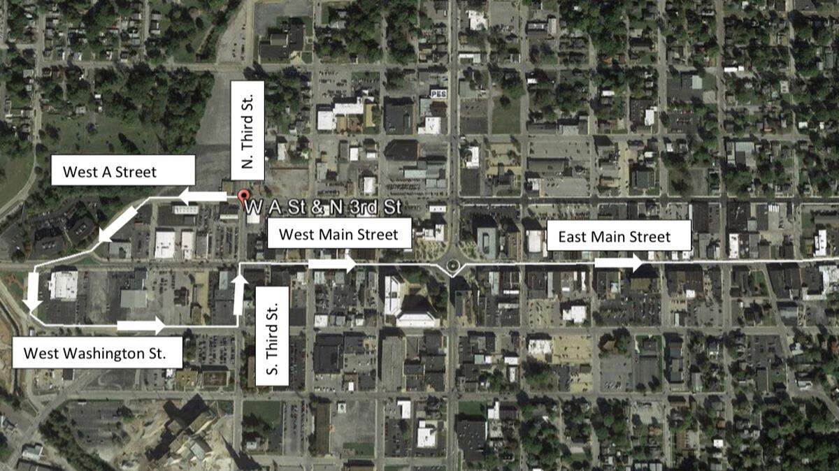 Route for the Ainad Shriners' Parade in downtown Belleville