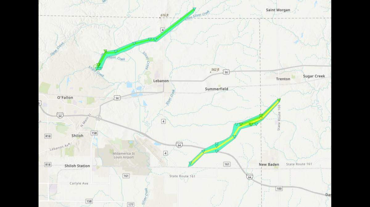 This map shows the paths of two tornadoes on Friday night in the metro-east.